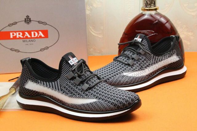 PRADA男鞋 普拉達新品男鞋 PRADA進口飛織彈力布鞋 黑色系帶鞋  hdx13426